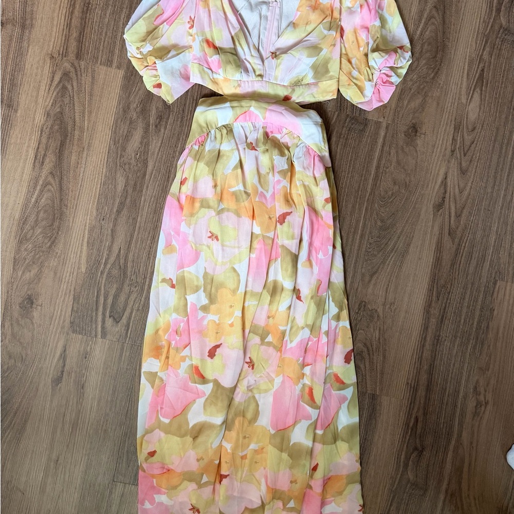 Floral Two-Piece Maxi Set in Pink, Yellow & Cream